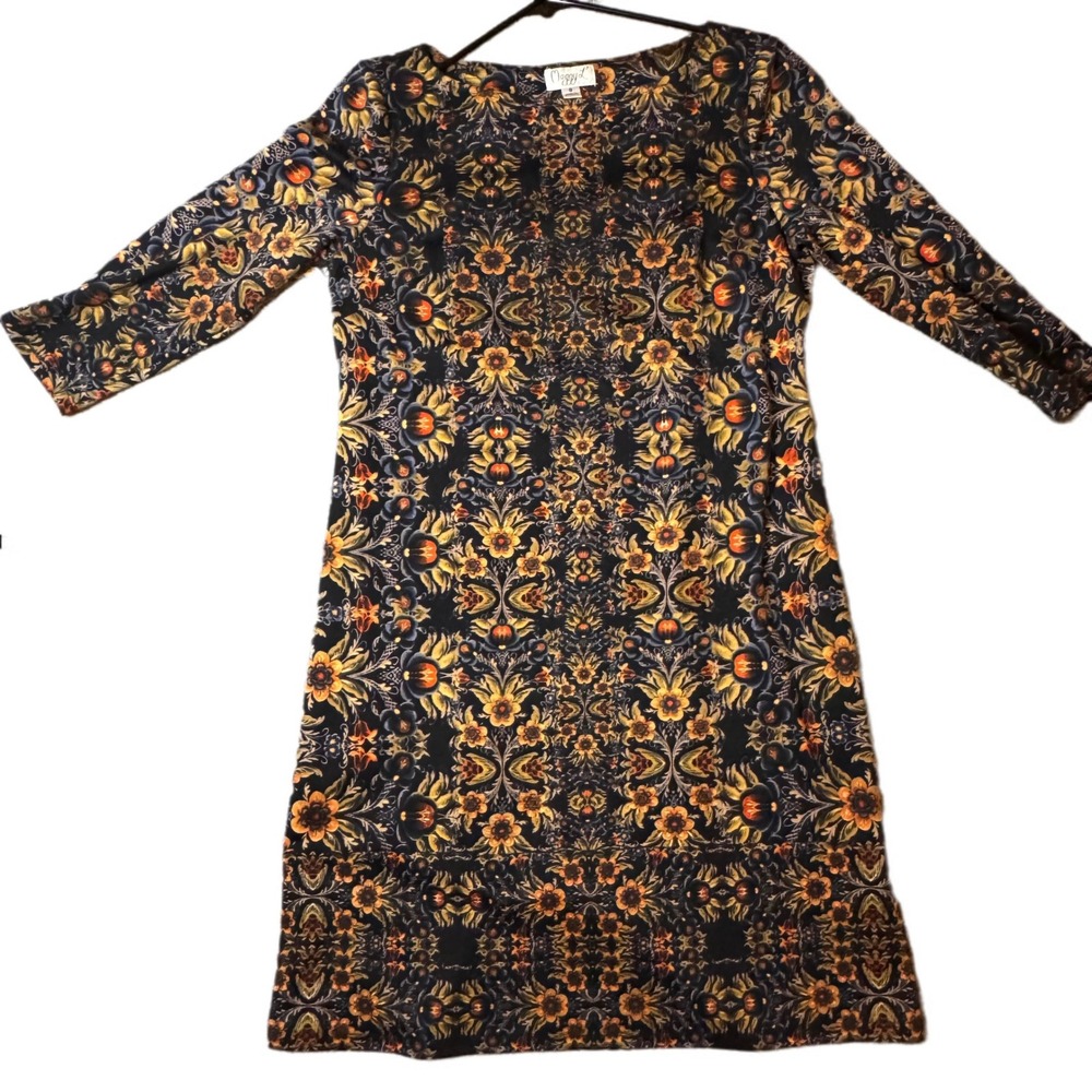 Maggy L Womens Sz 8 Black Gold Floral Damask 3/4 Sleeve‎ Whimsigoth Faerie